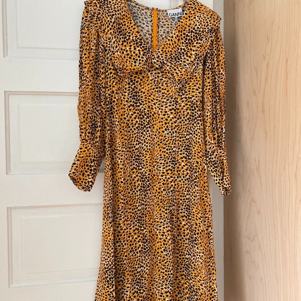 Ganni Printed Crepe Dress Bright Marigold Size 34